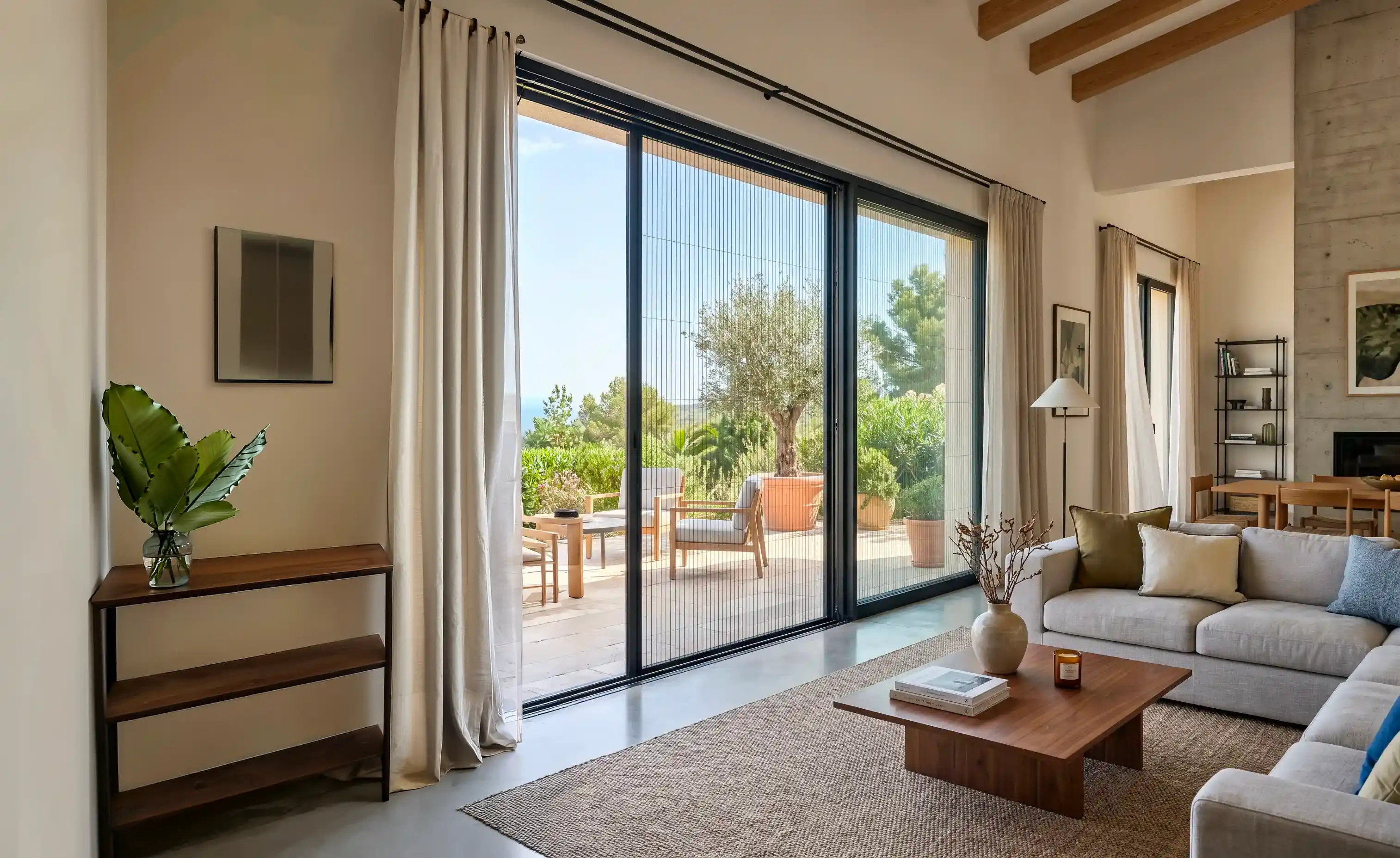Moustiquaire accordéon sur mesure installée sur une terrasse avec vue panoramique
